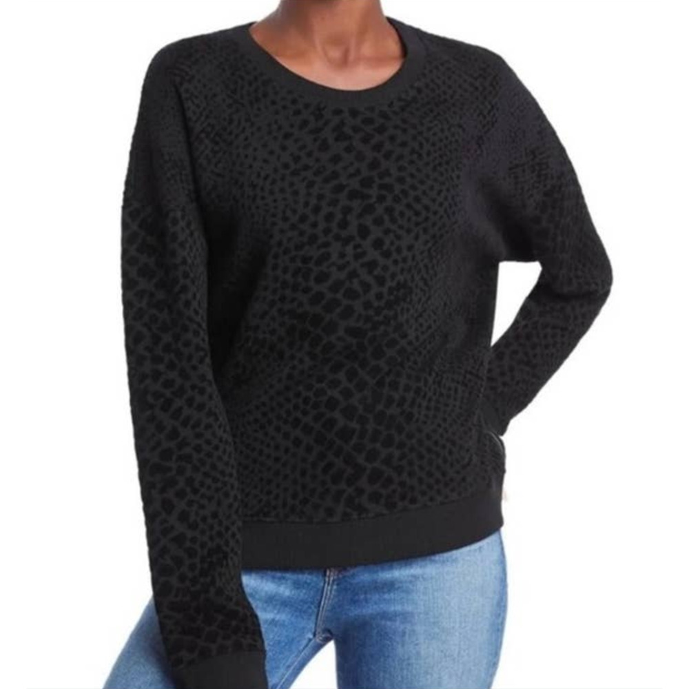 Rails Black Velvet Flocked Animal‎ Print Side Zip Sweatshirt Crew Neck Sz M